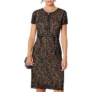 Womens Black Floral Lace Elegant Overlay Nude Lined Sheath Dress Size 10 UK 6 US